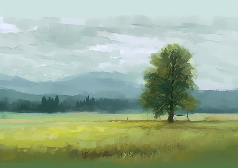 绿色春天草地平原草原全景高山自然树林田园油画插画,插画/手绘图,插画/手绘图库,插画/手绘图下载,插画/手绘